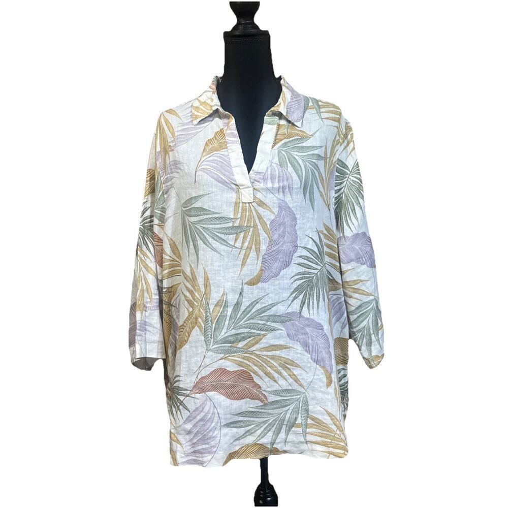 Tahari Linen Popover Blouse Size 1X Tropical Palm Print Coastal Beach Vacation
